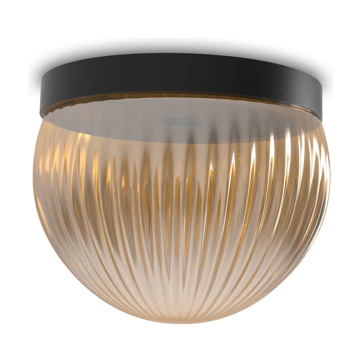 Roi Ribbed Fumé Dome Flush Ceiling Light with a black round base and a ribbed, transparent fumé glass dome shade, shown on a plain white background.