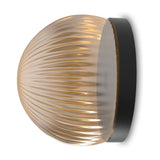 Roi Ribbed Fumé Dome Flush Wall & Ceiling Light in black, side view showing the ribbed glass dome shade on a round black base, set against a plain white background.