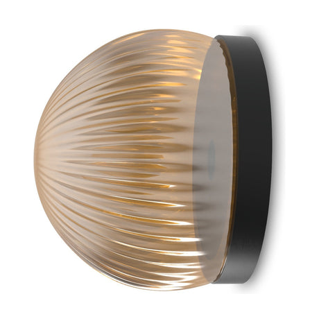 Roi Ribbed Fumé Dome Flush Wall & Ceiling Light in black, side view showing the ribbed glass dome shade on a round black base, set against a plain white background.