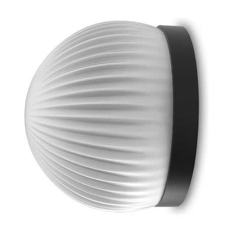 Roi Ribbed Opal Dome Flush Wall & Ceiling Light in black, showing the fluted opal glass dome on a slim black base against a plain white background.