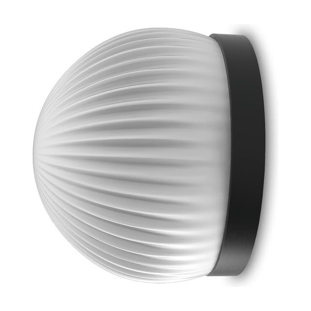 Roi Ribbed Opal Dome Flush Wall & Ceiling Light in black, showing the fluted opal glass dome on a slim black base against a plain white background.