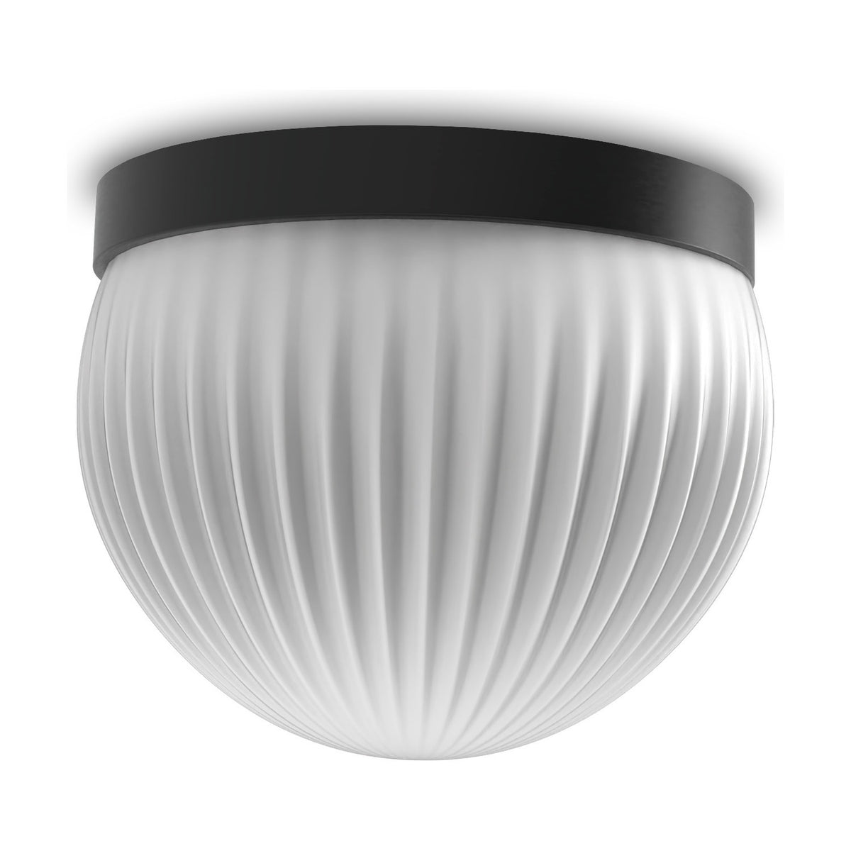 Roi Ribbed Opal Dome flush ceiling light with fluted white glass dome and slim black base, shown on a plain white background.
