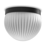 Roi Ribbed Opal Dome flush ceiling light with fluted white glass dome and slim black base, shown on a plain white background.