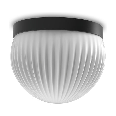 Roi Ribbed Opal Dome flush ceiling light with fluted white glass dome and slim black base, shown on a plain white background.