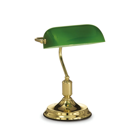 The Trellis Table Lamp - Brass showcases a polished brass base paired with a green glass shade. Featuring an elegant curved design, this classic brass table lamp includes a convenient pull chain for effortless on-and-off functionality.