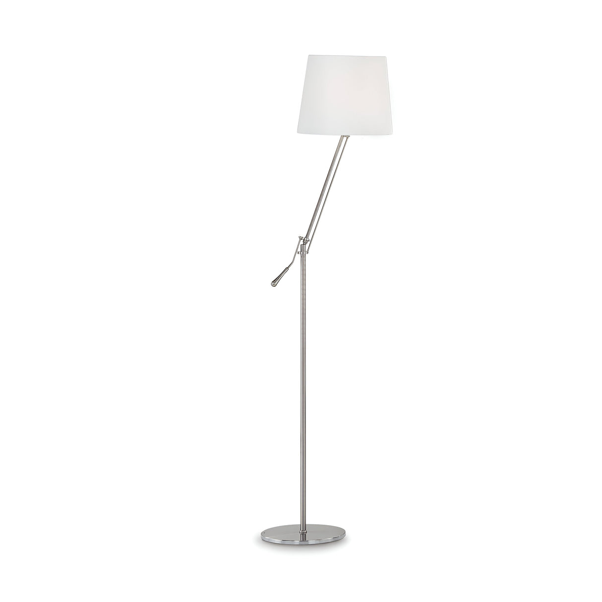 Introducing the Regol Floor Lamp - Silver, featuring a sleek and minimalist design with adjustable lighting. Its slim metal stand in satin nickel finish complements the white conical lampshade, while a small handle allows for easy angle adjustments.