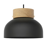 Reiko Flat Pendant Light with Wood Base in matt black aluminium, featuring a shallow dome shade beneath a natural ash wood collar, shown on a plain white background.