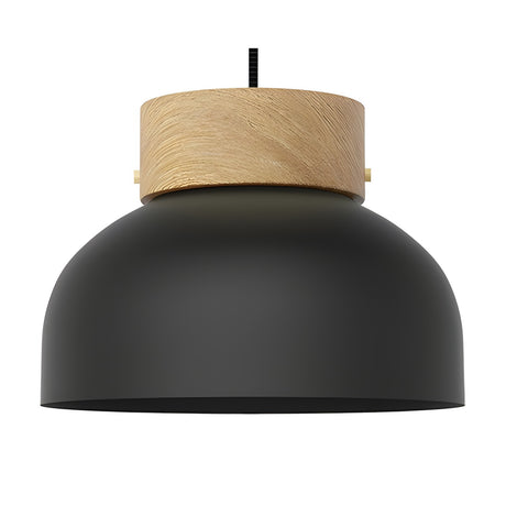 Reiko Flat Pendant Light with Wood Base in matt black aluminium, featuring a shallow dome shade beneath a natural ash wood collar, shown on a plain white background.
