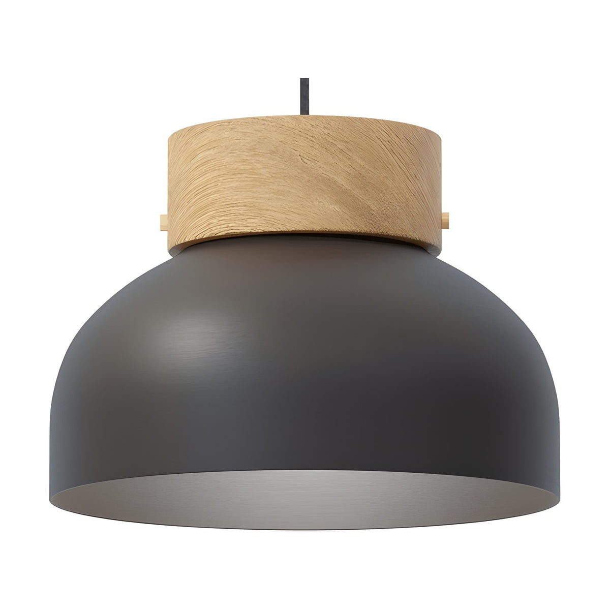 Reiko Flat Pendant Light with Wood Base in matt black aluminium, featuring a shallow dome shade, natural wood collar, and visible cable, shown on a plain white background.