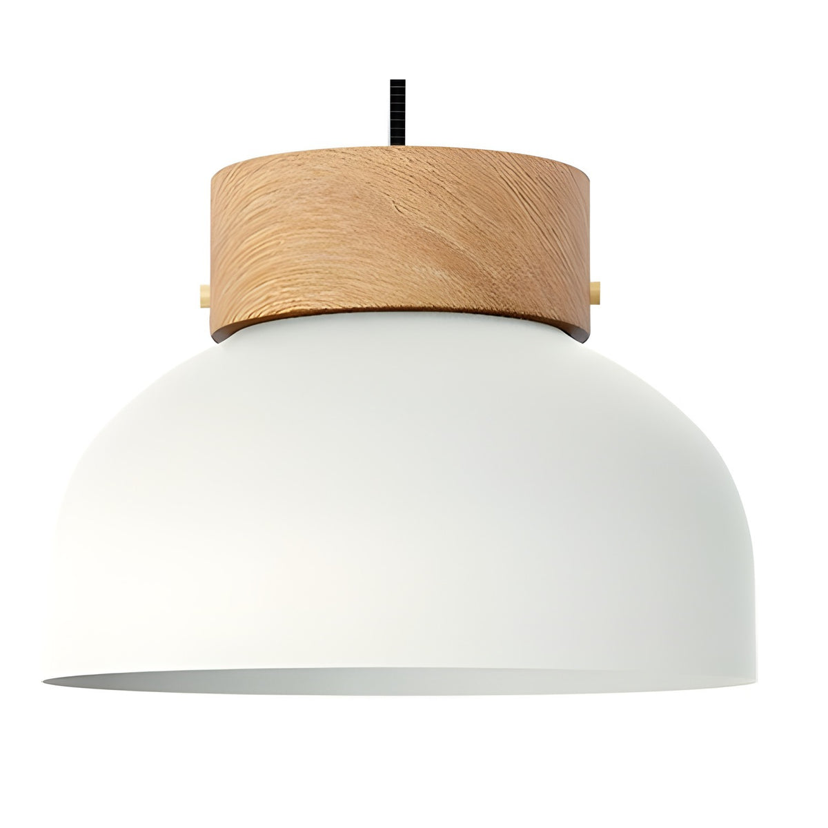 Reiko Flat Pendant Light with a shallow matt white aluminium dome shade and round natural ash wood base, hung on a black textile cable against a plain white background.
