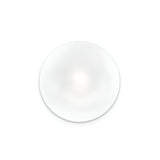 The Orlix Ceiling & Wall Light - White, 14cm features a smooth, clear glass lens centered on a white background. Its compact design casts a subtle shadow below, while the circular shape and transparency are enhanced by the light to create a soft gradient effect similar to white blown glass.