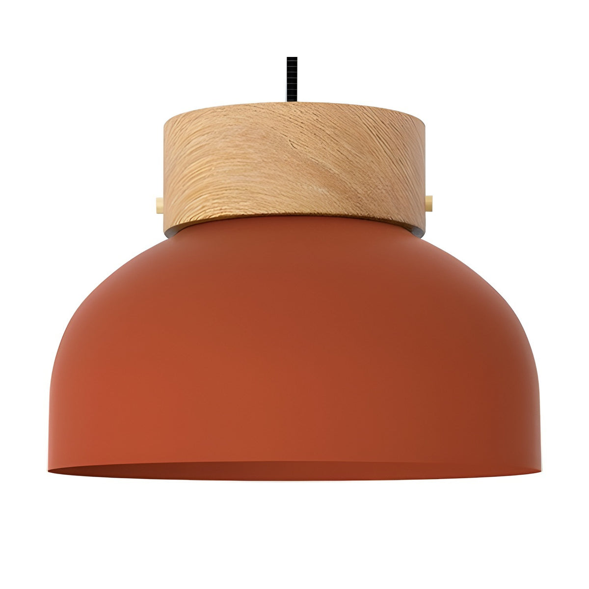 Reiko Flat Pendant Light with Wood Base in red, a low wide aluminium dome shade with natural ash wood base and black cable, shown on a plain white background.