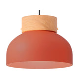 Reiko Flat Pendant Light with Wood Base in Red, showing a wide aluminium dome shade with a natural wood cap and black cable, set against a plain white background.