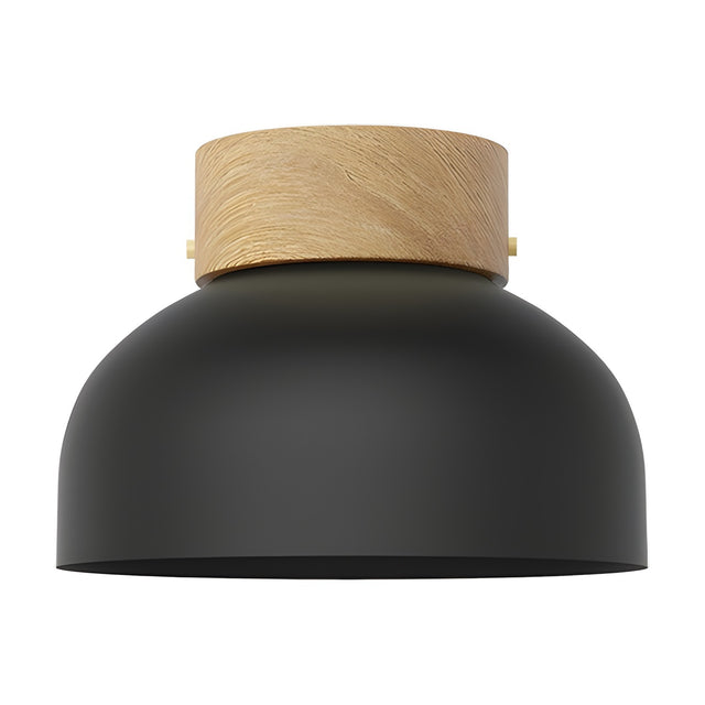Reiko Dome Flush Ceiling Light with Wood Base in matt black aluminium, featuring a rounded dome shade beneath a natural ash wood top, set against a plain white background.