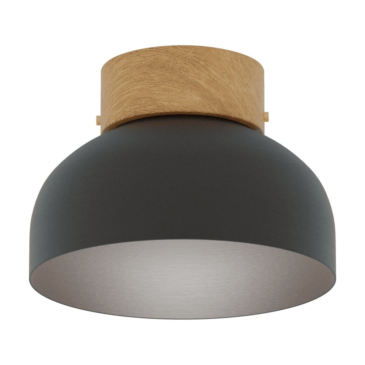 Reiko Dome Flush Ceiling Light with Wood Base in matt black, featuring a rounded aluminium shade and natural ash wood top, shown against a plain white background.