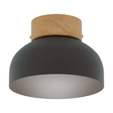 Reiko Dome Flush Ceiling Light with Wood Base in matt black, featuring a rounded aluminium shade and natural ash wood top, shown against a plain white background.