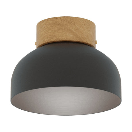 Reiko Dome Flush Ceiling Light with Wood Base in matt black, featuring a rounded aluminium shade and natural ash wood top, shown against a plain white background.
