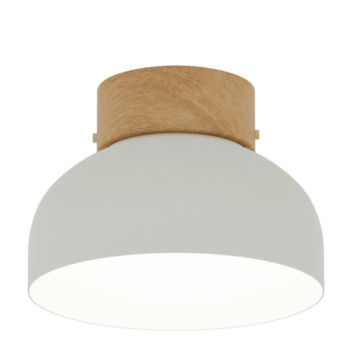 Reiko Dome Flush Ceiling Light with a matt white aluminium dome shade and natural wood base, shown against a plain white background.