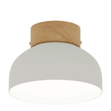 Reiko Dome Flush Ceiling Light with a matt white aluminium dome shade and natural wood base, shown against a plain white background.
