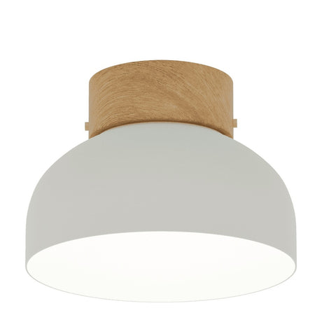 Reiko Dome Flush Ceiling Light with a matt white aluminium dome shade and natural wood base, shown against a plain white background.