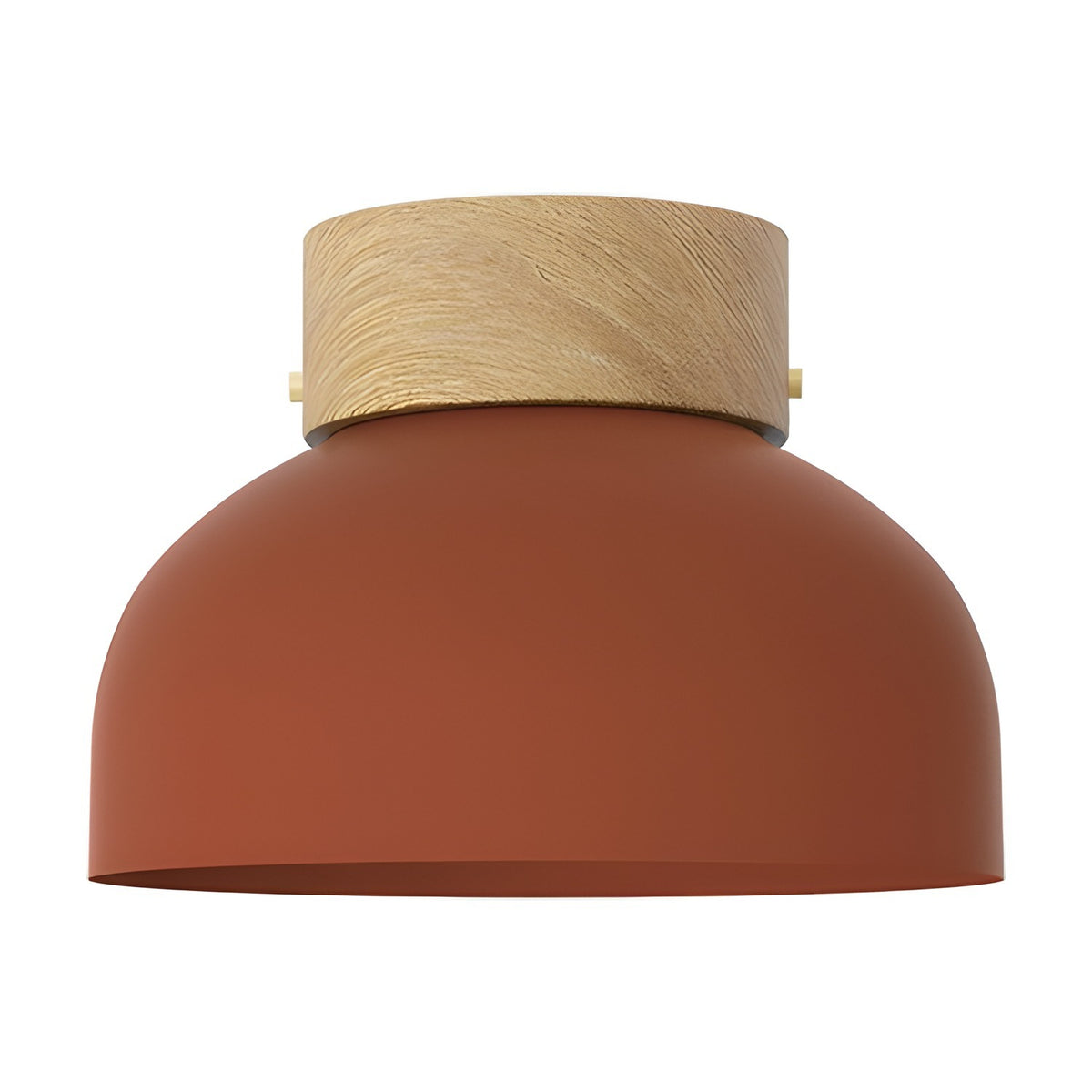 Reiko Dome Flush Ceiling Light with Wood Base in Red, featuring an aluminium dome shade and natural ash wood base with brass fixings, shown on a plain white background.