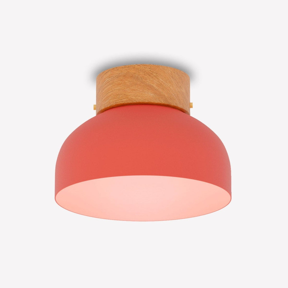 Reiko Dome Flush Ceiling Light with wood base, red aluminium dome shade and natural ash wood mount, shown on a plain white background.