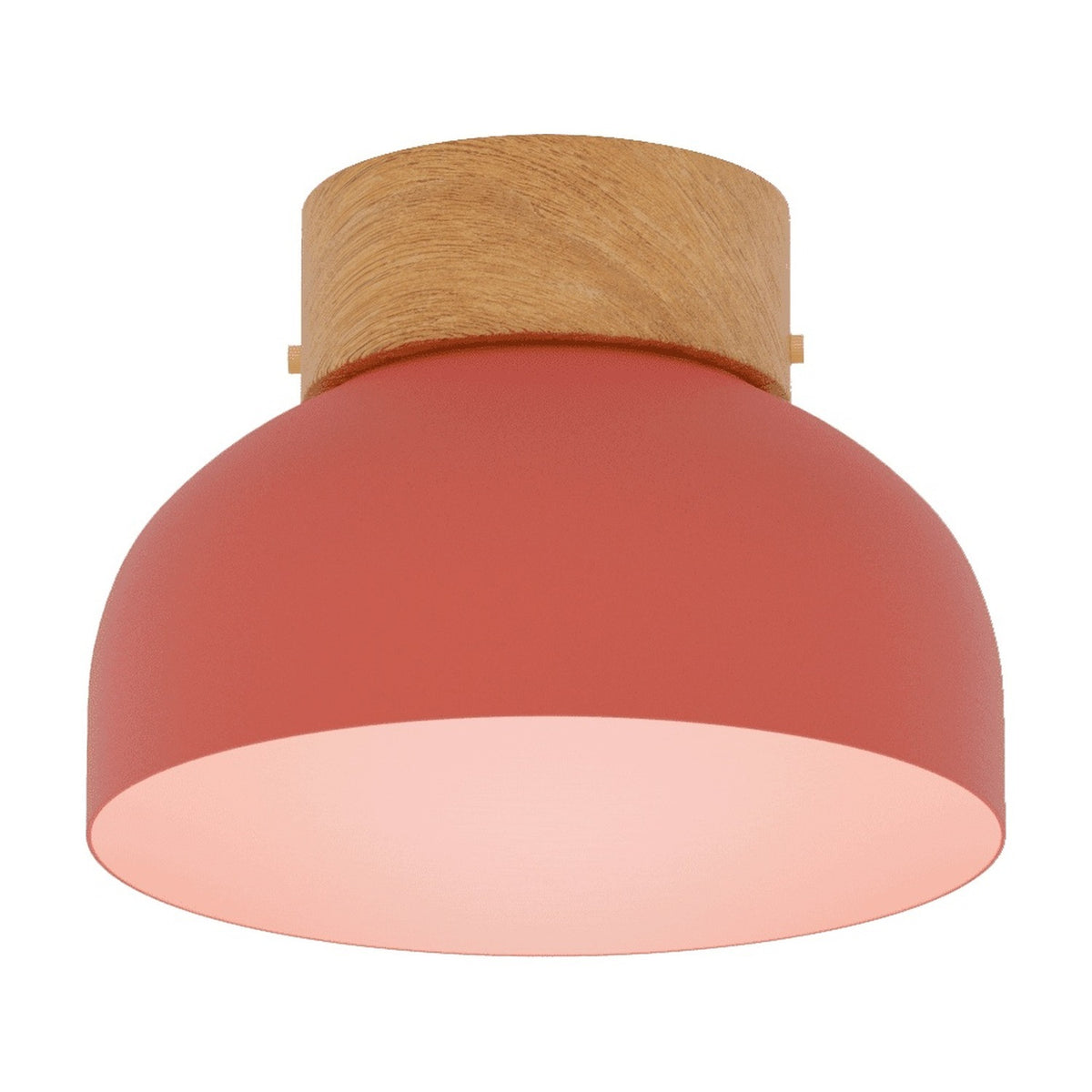 Reiko Dome Flush Ceiling Light with Wood Base in red, featuring an aluminium dome shade and natural wood base, shown lit from below on a plain white background.