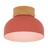 Reiko Dome Flush Ceiling Light with Wood Base in red, featuring an aluminium dome shade and natural wood base, shown lit from below on a plain white background.