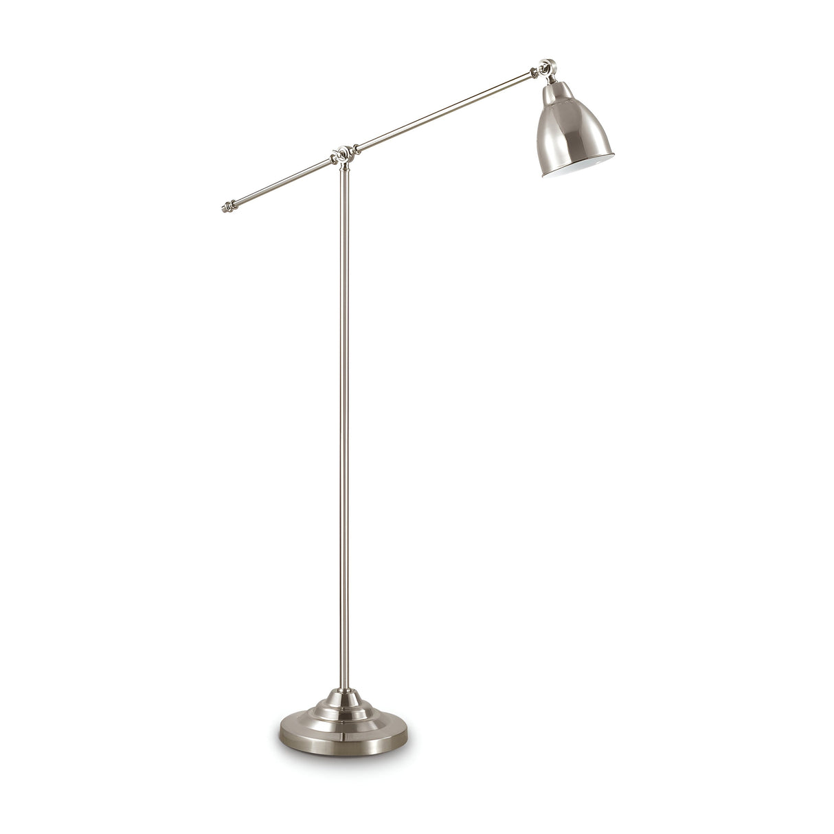 Presenting the Simply Floor Lamp - Nickel: a metallic floor lamp with a sleek satin nickel finish. It boasts an adjustable arm, a bell-shaped shade, and stands on a round base. This modern and minimalist design is ideal for contemporary interiors.