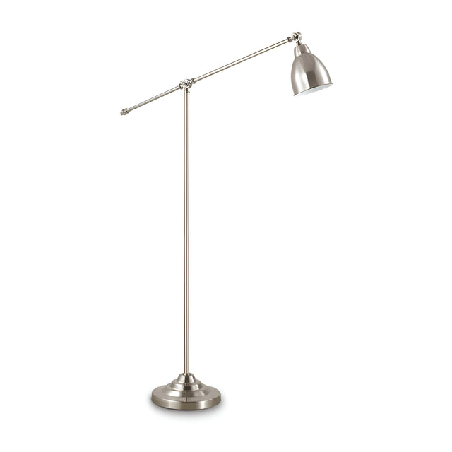 Presenting the Simply Floor Lamp - Nickel: a metallic floor lamp with a sleek satin nickel finish. It boasts an adjustable arm, a bell-shaped shade, and stands on a round base. This modern and minimalist design is ideal for contemporary interiors.