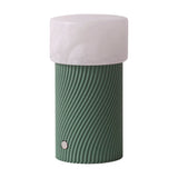 Rizzo LED Alabaster Rechargeable Table Lamp in Willow, with a round alabaster shade atop a spiral-ribbed green cylindrical base and power button, on a plain white background.