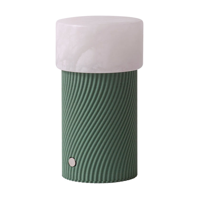 Rizzo LED Alabaster Rechargeable Table Lamp in Willow, with a round alabaster shade atop a spiral-ribbed green cylindrical base and power button, on a plain white background.