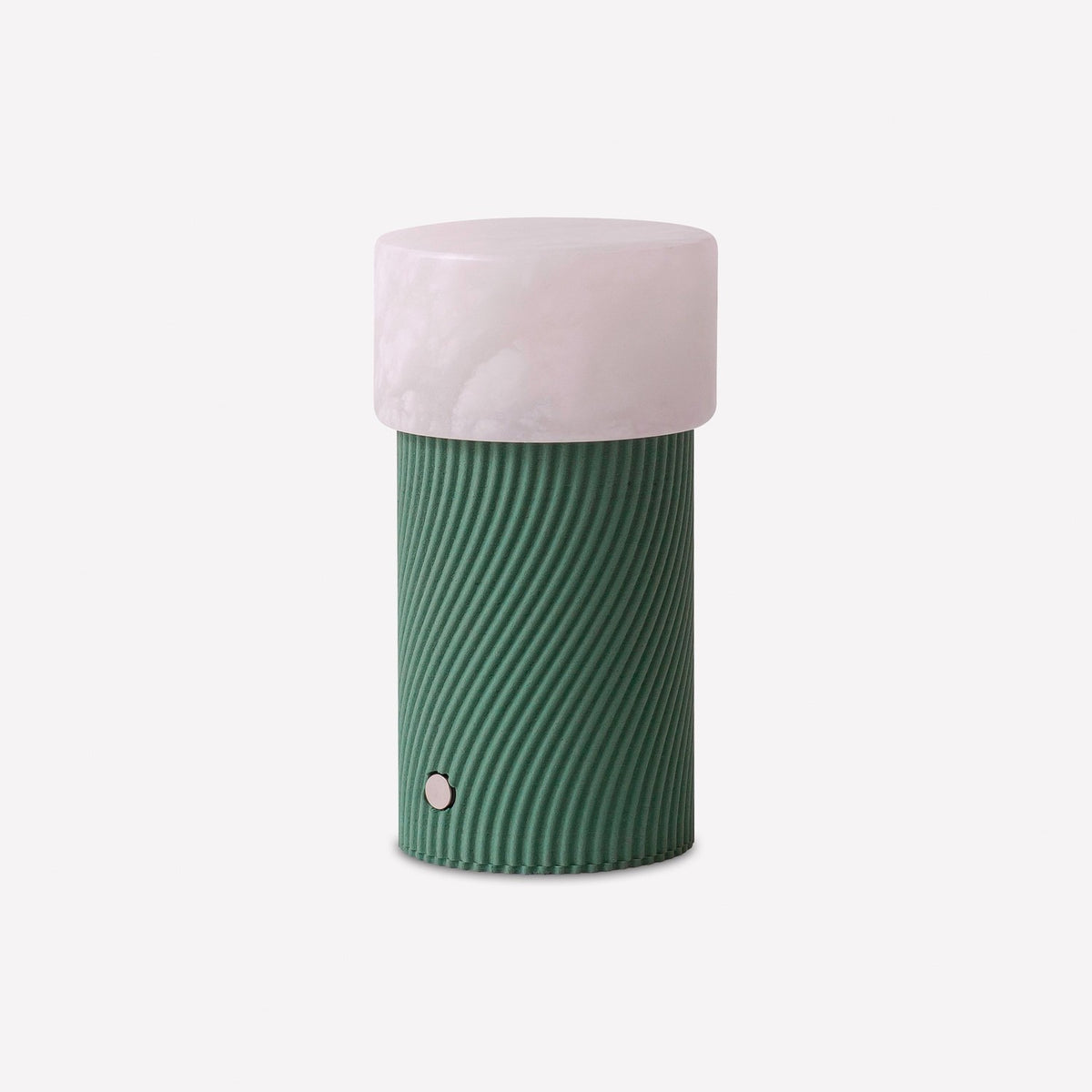 Rizzo LED Alabaster Rechargeable Table Lamp in Willow, with a white alabaster dome shade on a green ribbed cylindrical base, shown on a plain light background.