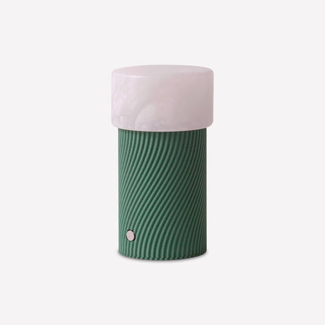 Rizzo LED Alabaster Rechargeable Table Lamp in Willow, with a white alabaster dome shade on a green ribbed cylindrical base, shown on a plain light background.
