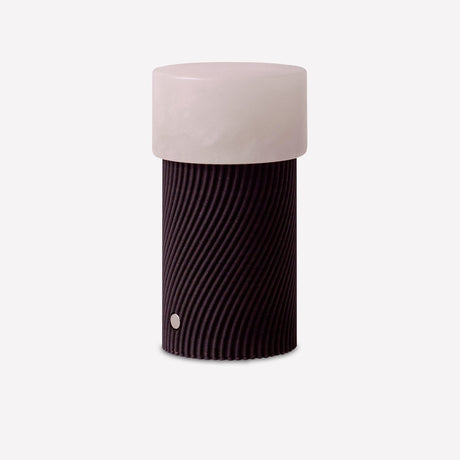 Rizzo LED Alabaster Rechargeable Table Lamp in wenge, with a thick round alabaster cap on a spiral-ribbed dark brown base, shown on a plain white background.