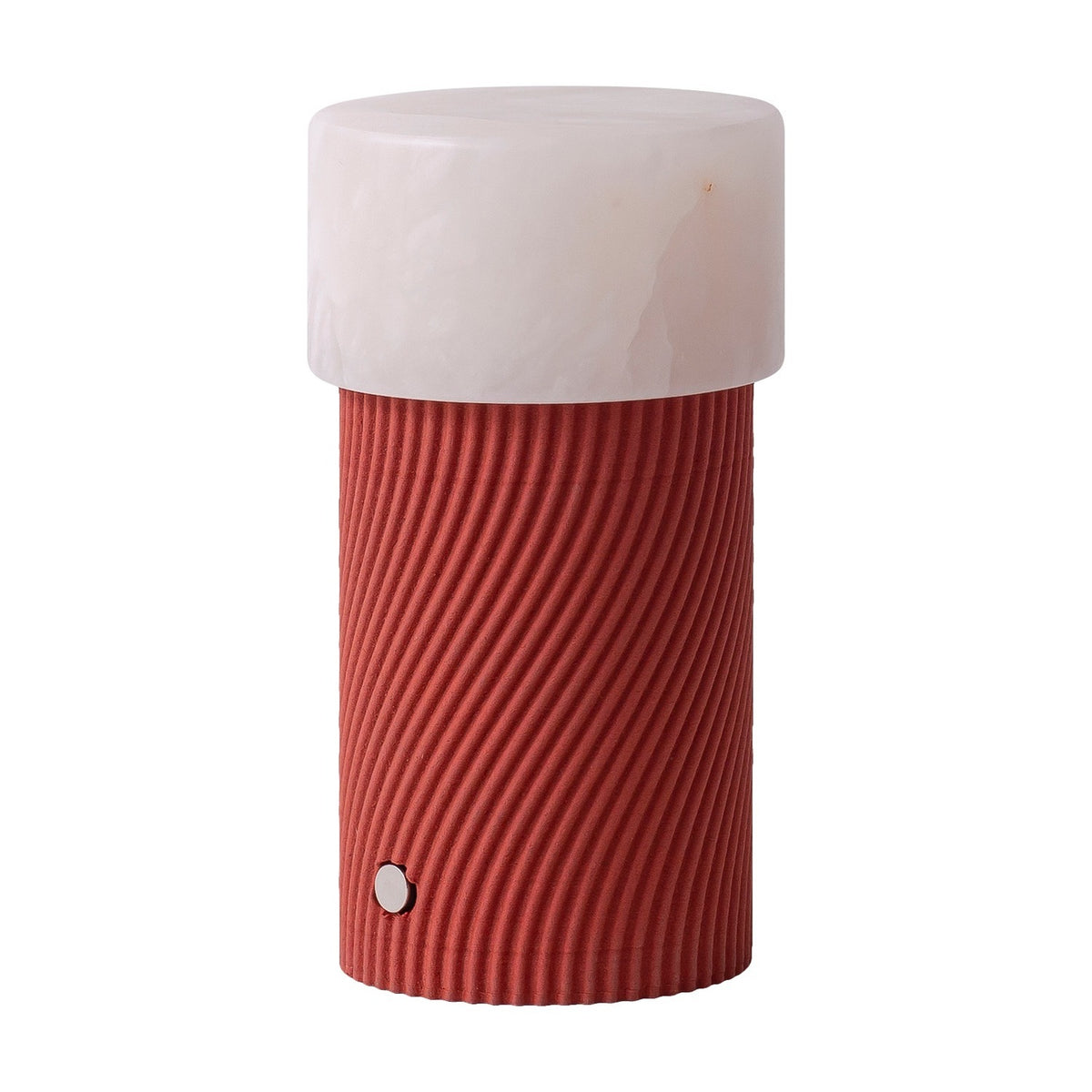Rizzo LED alabaster rechargeable table lamp with a cylindrical ribbed Sapelly wood-finish base and a rounded white alabaster shade, shown on a plain white background.