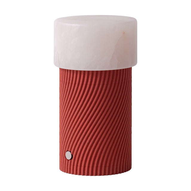 Rizzo LED alabaster rechargeable table lamp with a cylindrical ribbed Sapelly wood-finish base and a rounded white alabaster shade, shown on a plain white background.