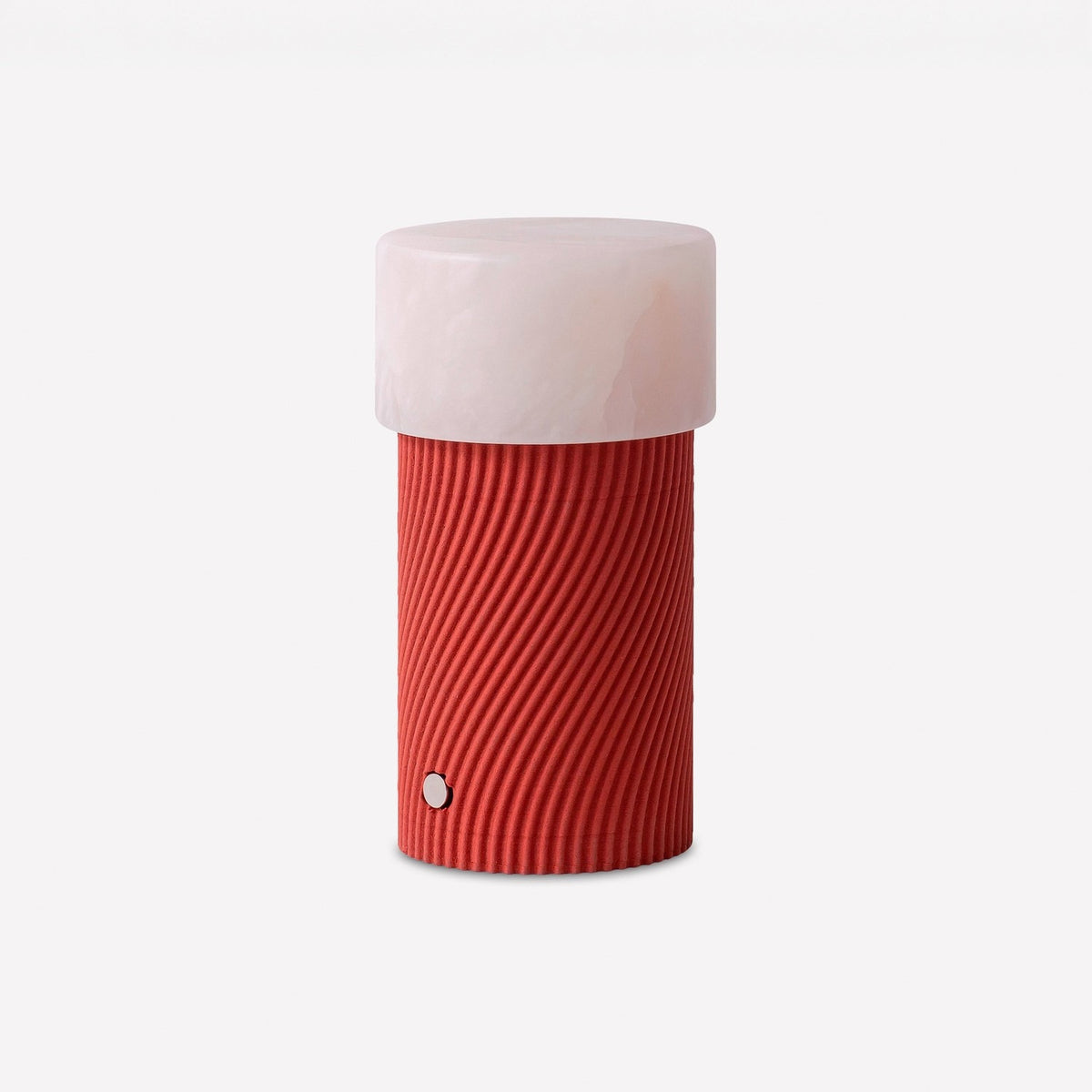 Rizzo LED Alabaster Rechargeable Table Lamp with natural alabaster shade and ribbed, spiral-textured red Sapelly base, shown on a plain white background.