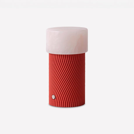 Rizzo LED Alabaster Rechargeable Table Lamp with natural alabaster shade and ribbed, spiral-textured red Sapelly base, shown on a plain white background.