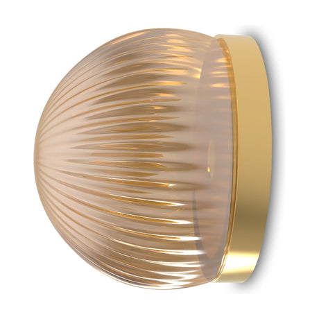Roi Ribbed Fumé Dome Flush Wall & Ceiling Light with a ribbed smoked glass dome shade and polished brass base, shown on a plain white background.