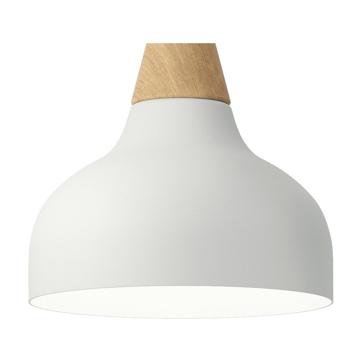 Reiko Cone Pendant Light with a matt white aluminium dome shade beneath a natural wood cone base, shown on a plain white background.