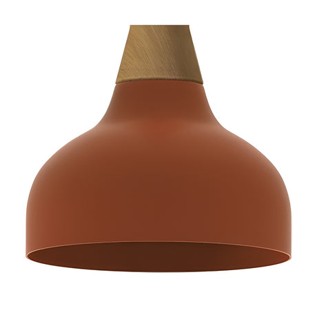 Reiko Cone Pendant Light with a smooth red aluminium dome shade and tapered natural ash wood base, shown on a plain white background.