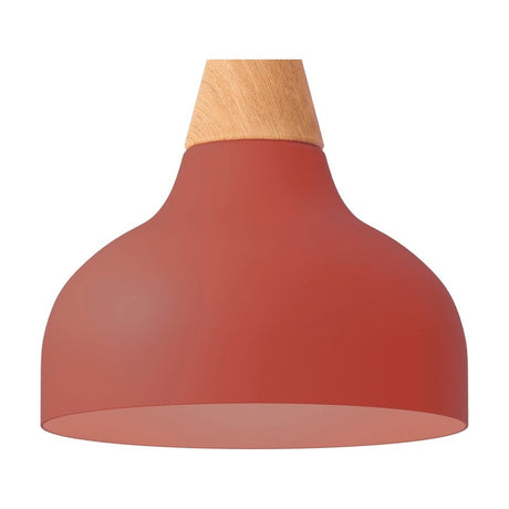 Reiko Cone Pendant Light with Wood Base in Red, a dome-shaped aluminium shade with a tapered ash wood neck, shown on a plain white background.