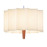 Rain Scalloped Fabric Pendant Light in Chestnut, with a cream scalloped fabric shade, tapered wood centre, and blue textile cable, shown on a white background.