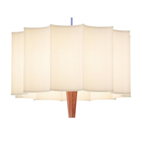 Rain Scalloped Fabric Pendant Light in Chestnut, with a cream scalloped fabric shade, tapered wood centre, and blue textile cable, shown on a white background.