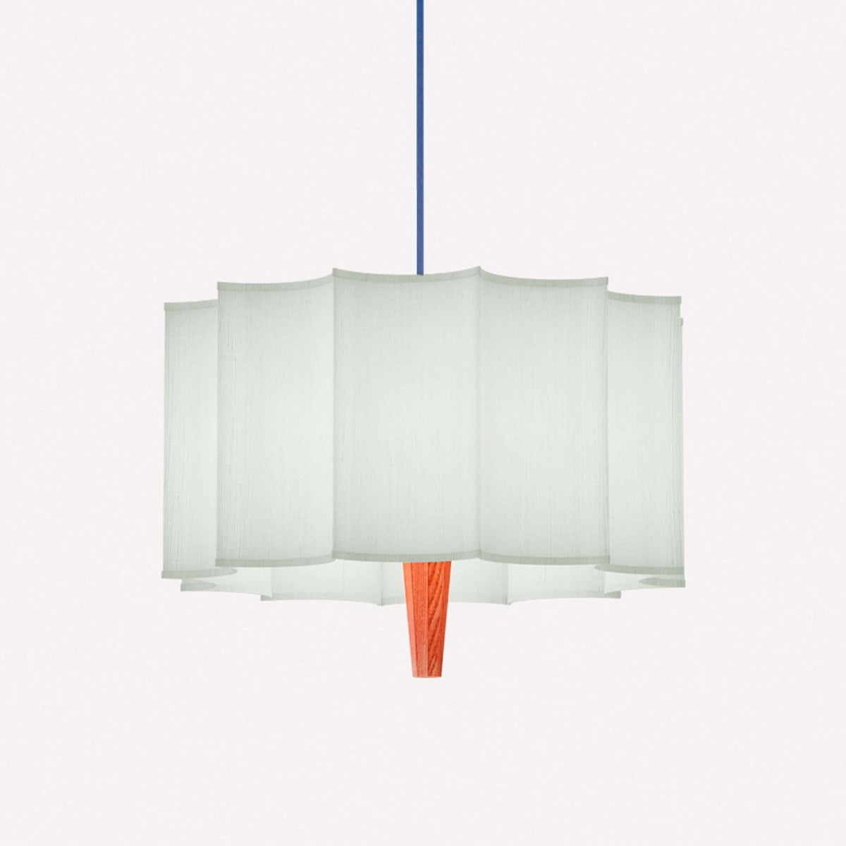 Rain Scalloped Fabric Pendant Light in Chestnut, scalloped white fabric shade with tapered wood centre and blue textile cable, shown on a plain white background.