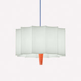 Rain Scalloped Fabric Pendant Light in Chestnut, scalloped white fabric shade with tapered wood centre and blue textile cable, shown on a plain white background.