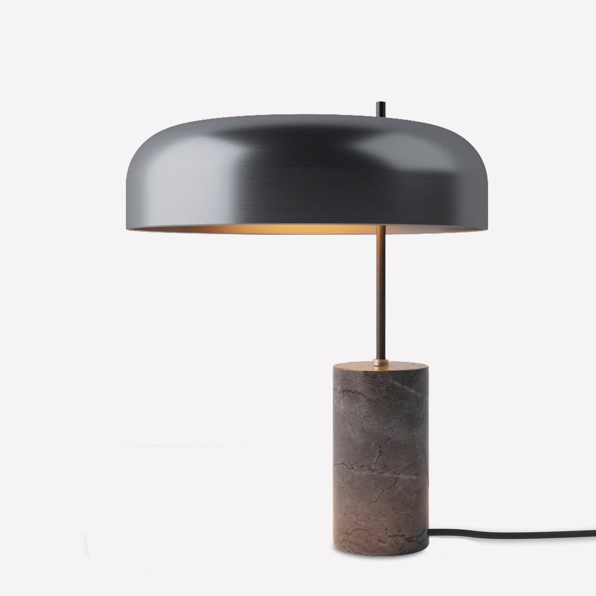 Romina Dome Mushroom Table Lamp with matt black aluminium dome shade on a slim stem, set on a dark marble cylindrical base, shown on a plain white background.