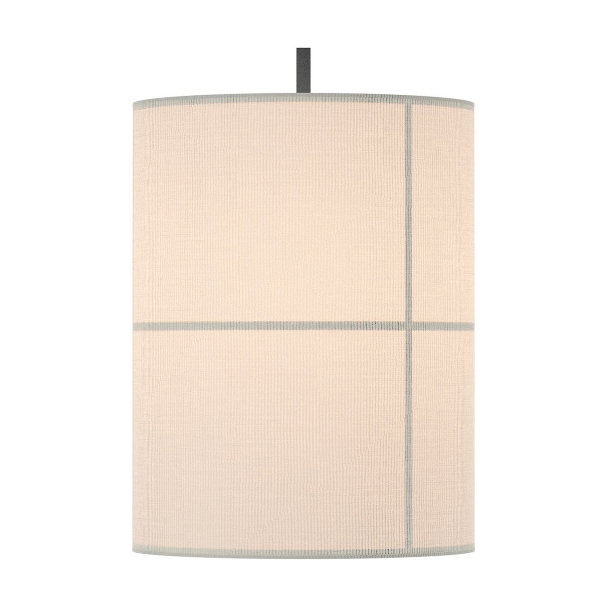 Rania Cylinder Fabric Pendant Light in white cream with fine grid seams, matt black iron fitting and cable, single E27 fitting, shown on a plain white background.