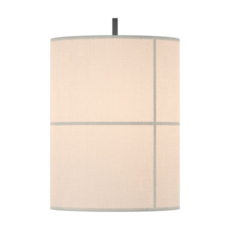 Rania Cylinder Fabric Pendant Light in white cream with fine grid seams, matt black iron fitting and cable, single E27 fitting, shown on a plain white background.